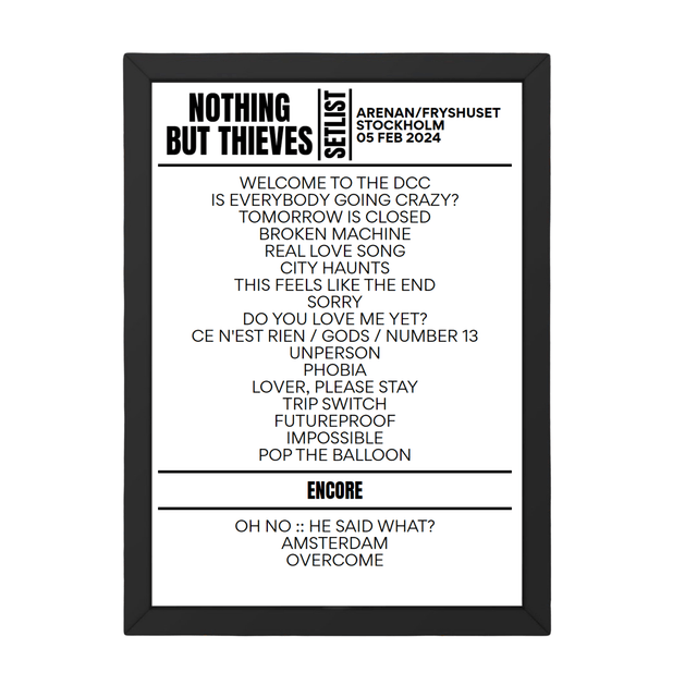 Nothing But Thieves Stockholm February 05, 2024 Setlist Replica - Setlist