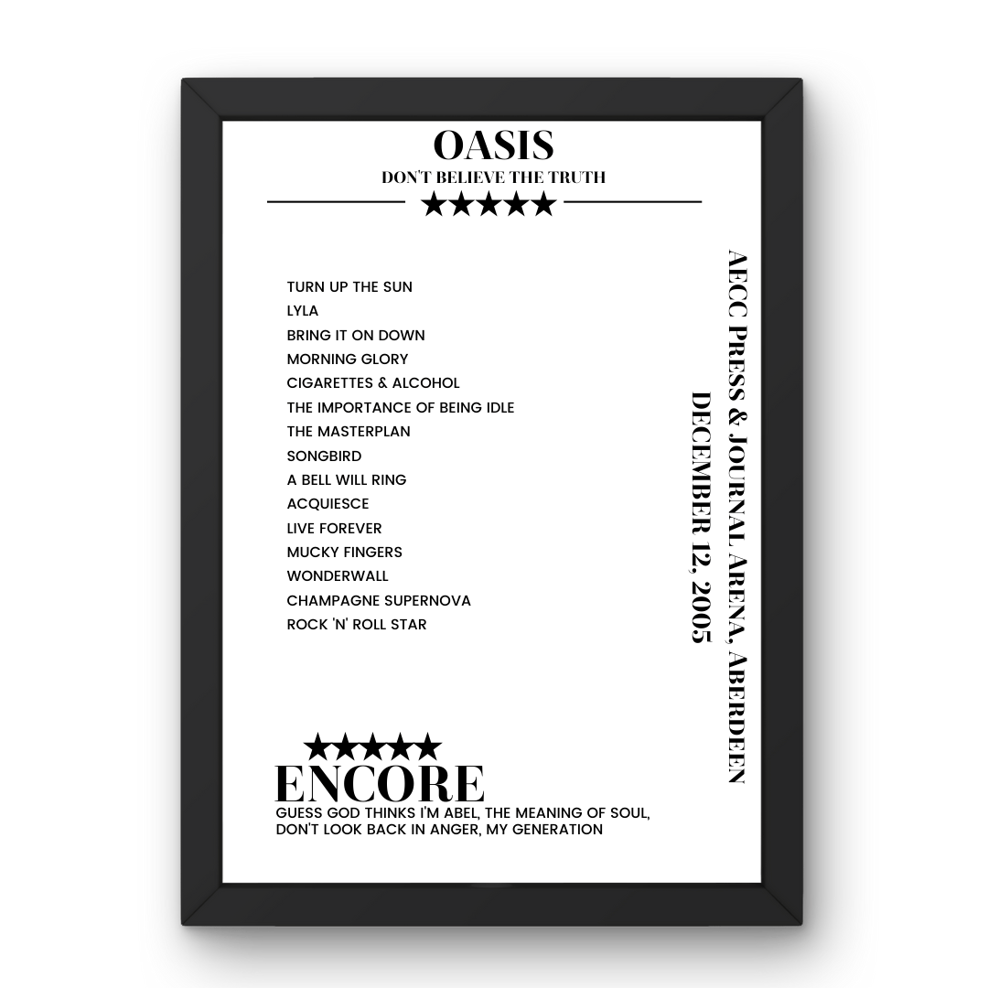 Oasis AECC Press & Journal Arena Aberdeen 12 December 2005 Setlist Poster - Setlist