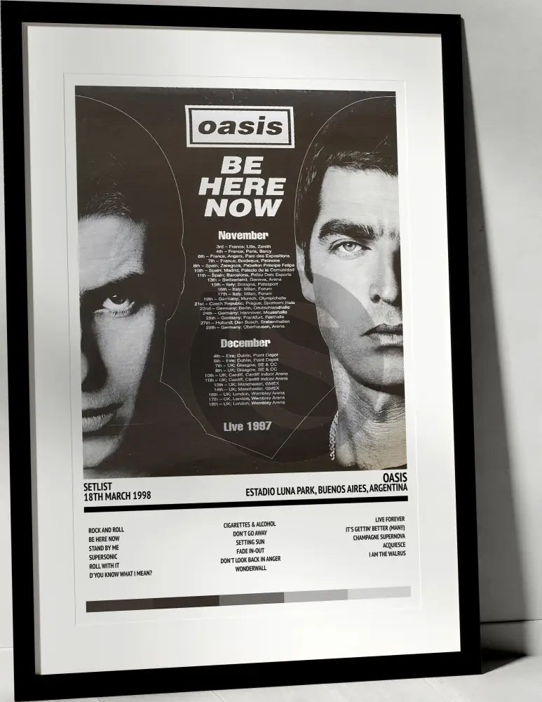 Oasis Be Here Now Estadio Luna Park Buenos Aires 18th March 1998 - Setlist Tour Poster - Setlist