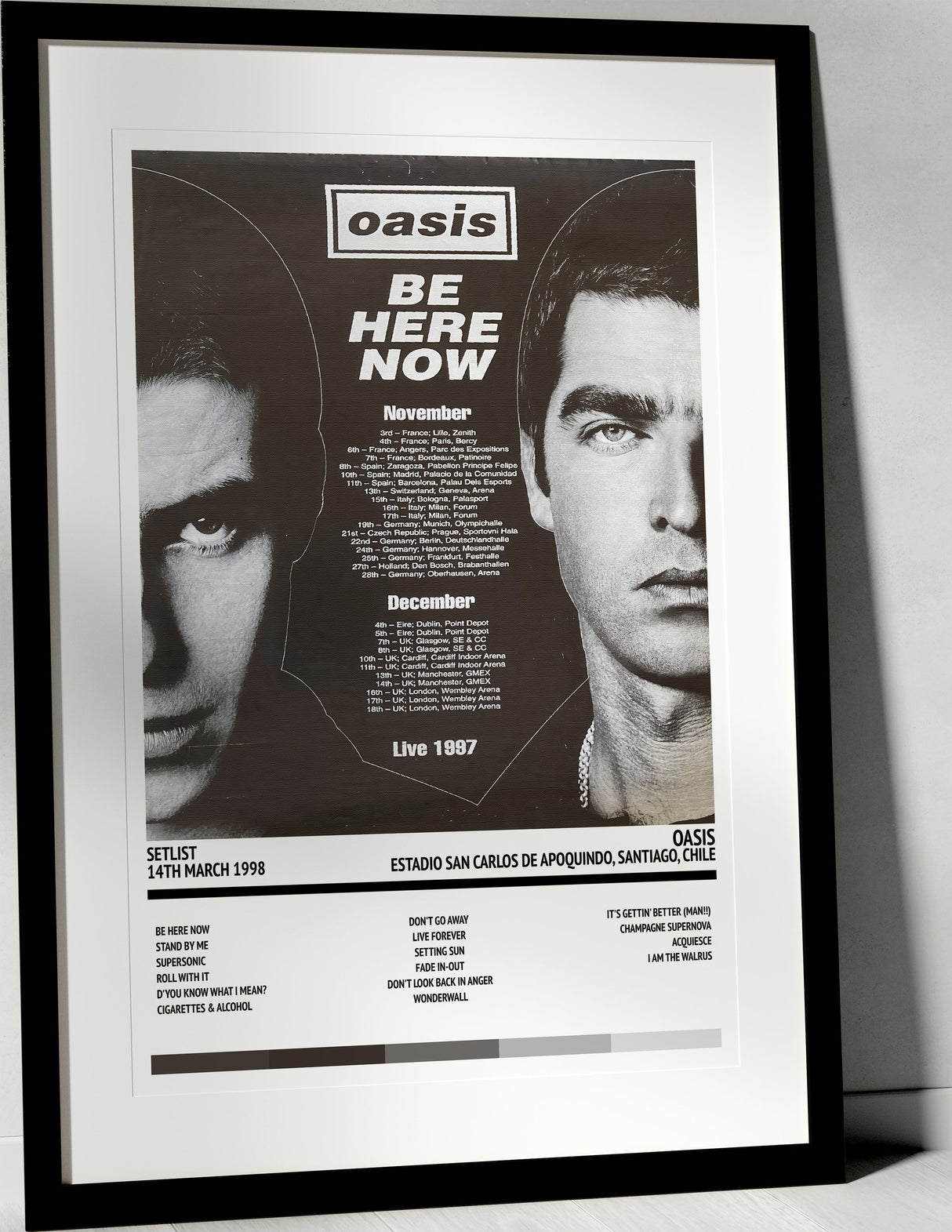 Oasis Be Here Now Estadio San Carlos de Apoquindo Santiago 14th March 1998 - Setlist Tour Poster - Setlist