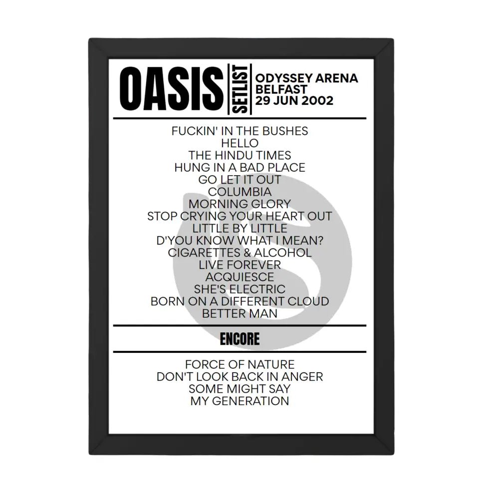 Oasis Belfast June 2002 Replica Setlist - Setlist