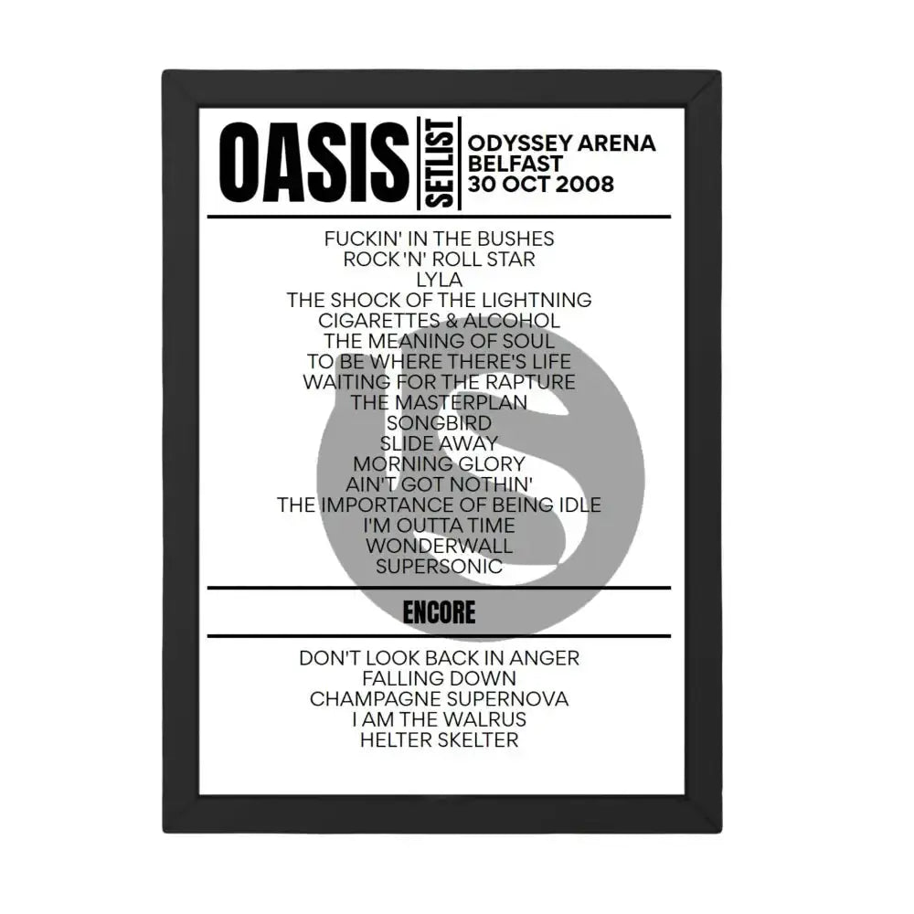 Oasis Belfast October 2008 Replica Setlist - Setlist