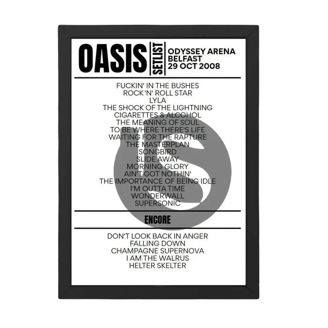 Oasis Belfast October 2008 Replica Setlist - Setlist