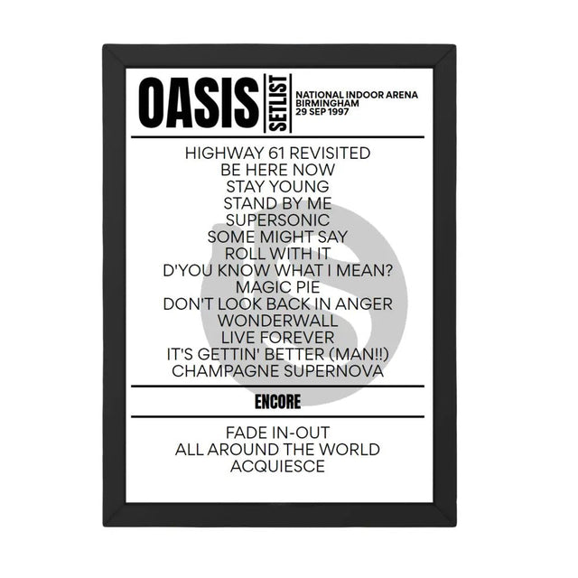 Oasis Birmingham September 1997 Replica Setlist - Setlist