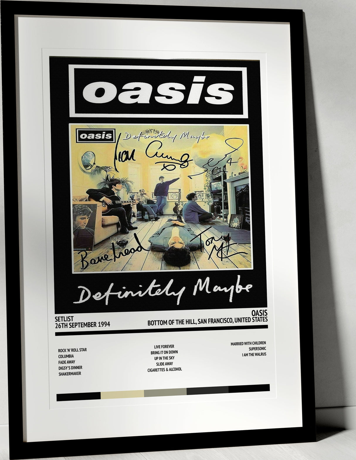 Oasis Definitely Maybe Bottom of the Hill San Francisco 26th September 1994 - Setlist Tour Poster - Setlist