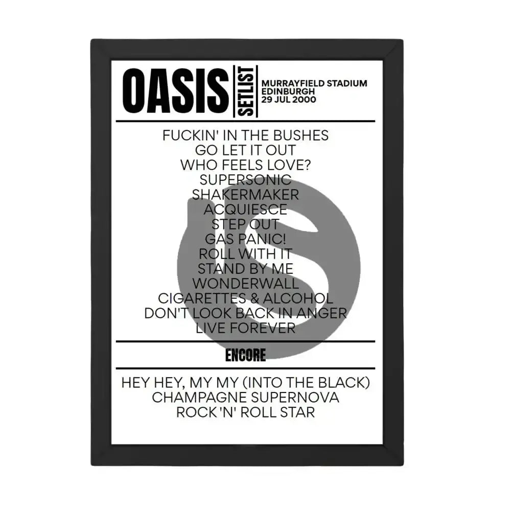 Oasis Edinburgh July 2000 Replica Setlist - Setlist