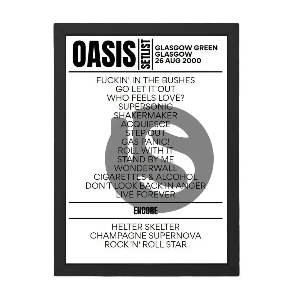 Oasis Glasgow August 2000 Replica Setlist - Setlist