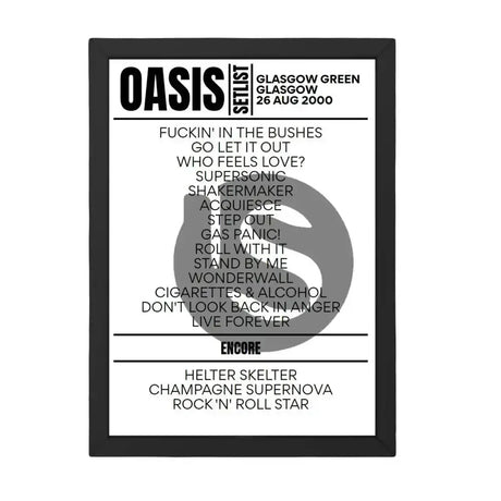 Oasis Glasgow August 2000 Replica Setlist - Setlist