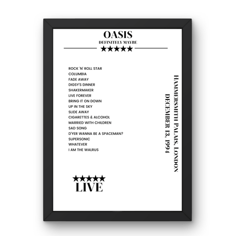 Oasis Hammersmith Palais London 13 December 1994 Setlist Poster - Setlist