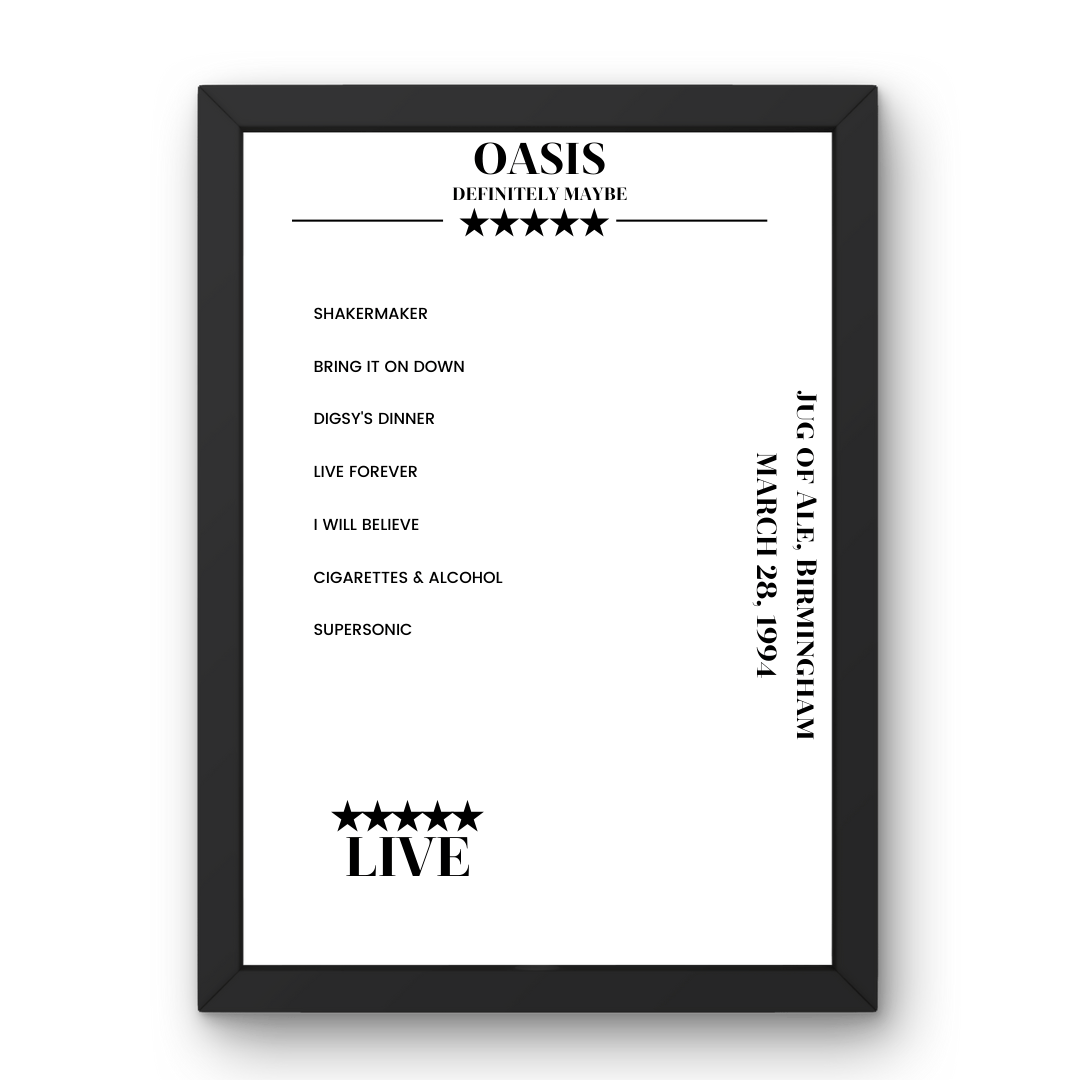 Oasis Jug of Ale Birmingham 28 March 1994 Setlist Poster - Setlist