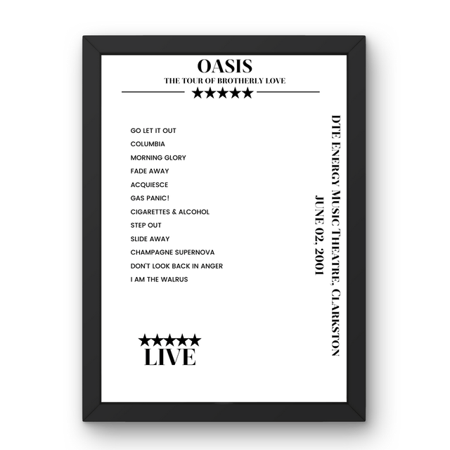 Oasis June 02, 2001 DTE Energy Music Theatre Clarkston Setlist Poster - Setlist