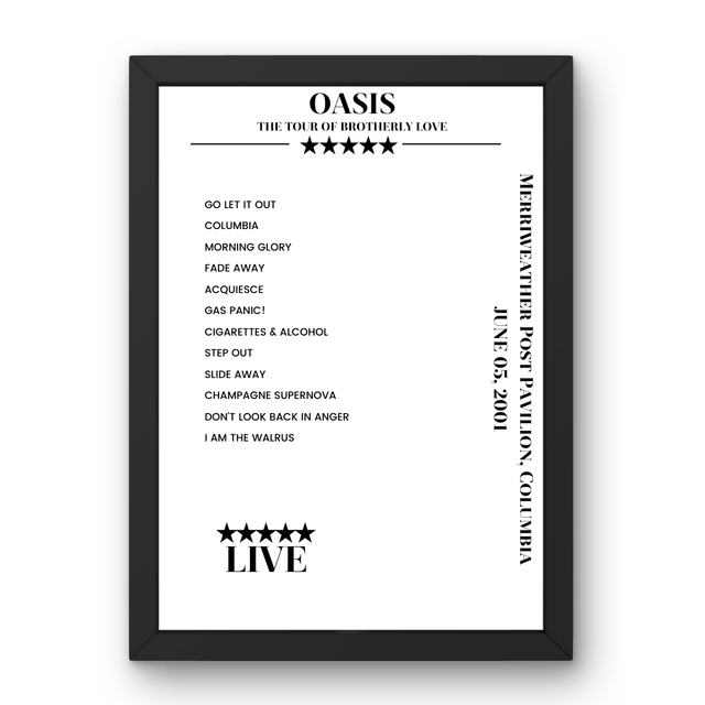 Oasis June 05, 2001 Merriweather Post Pavilion Columbia Setlist Poster - Setlist