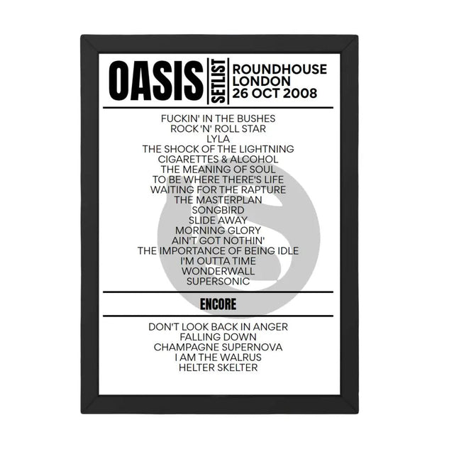 Oasis London October 2008 Replica Setlist - Setlist