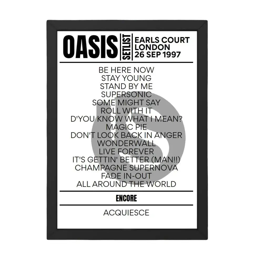 Oasis London September 1997 Replica Setlist - Setlist