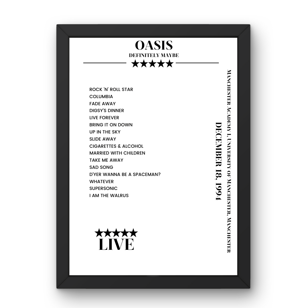 Oasis Manchester Academy 1, University of Manchester Manchester 18 December 1994 Setlist Poster - Setlist