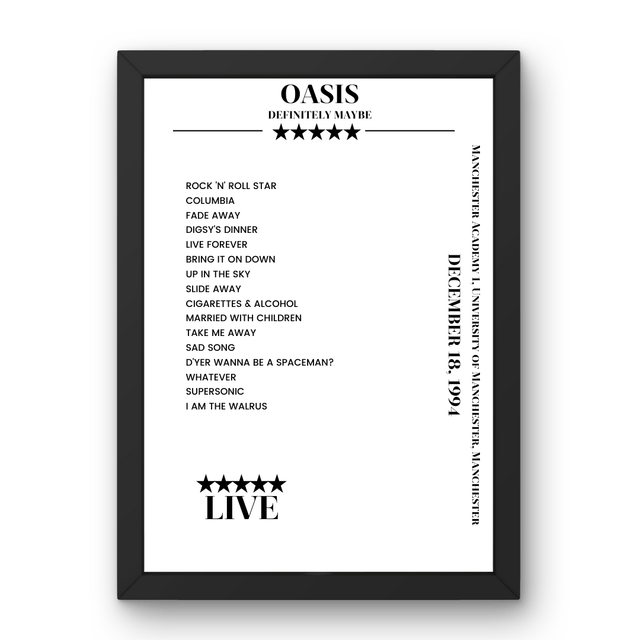 Oasis Manchester Academy 1, University of Manchester Manchester 18 December 1994 Setlist Poster - Setlist