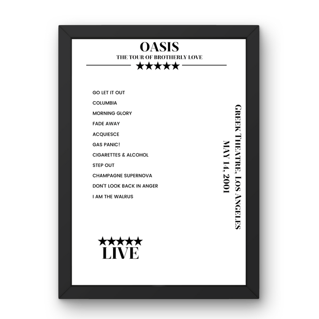 Oasis May 14, 2001 Greek Theatre Los Angeles Setlist Poster - Setlist