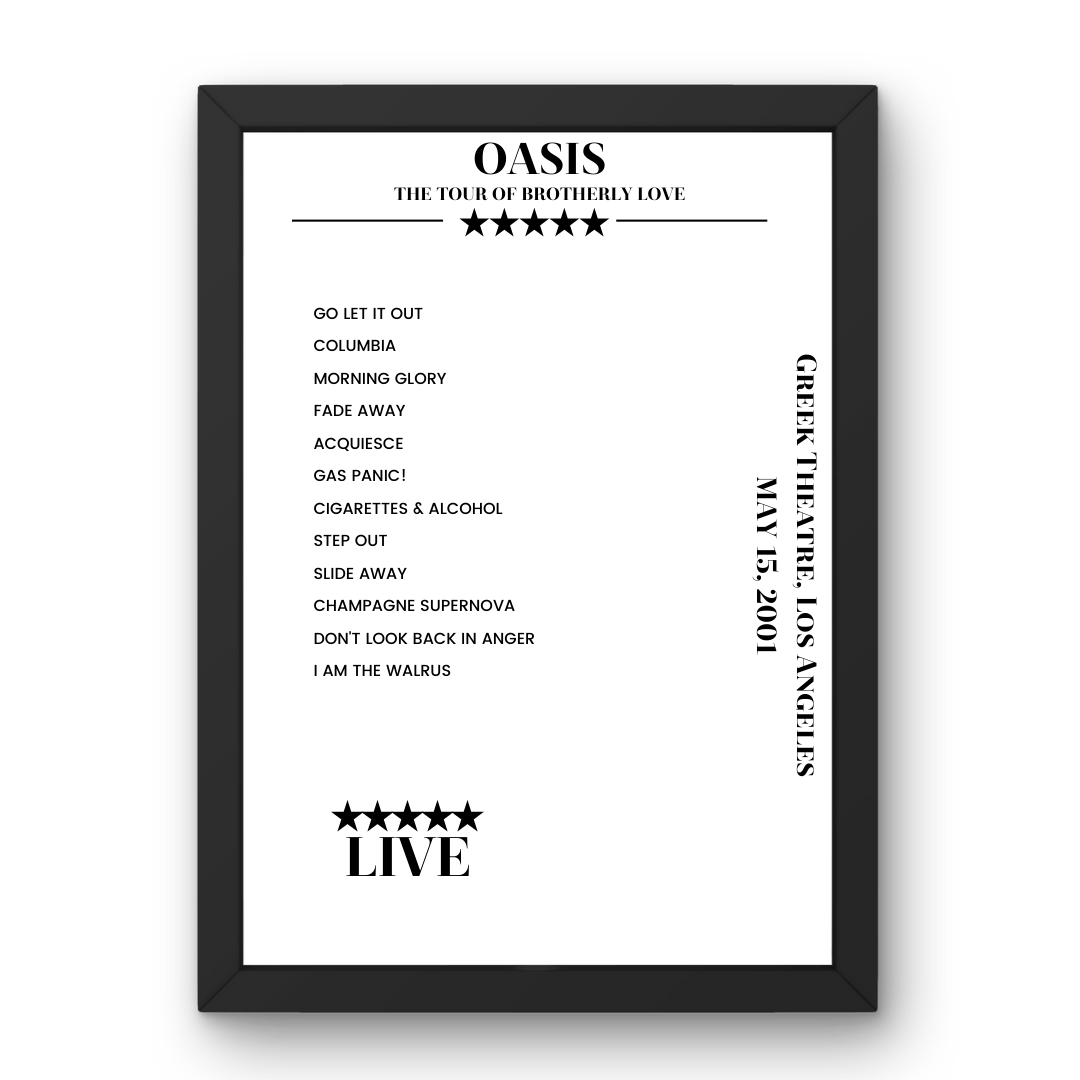 Oasis May 15, 2001 Greek Theatre Los Angeles Setlist Poster - Setlist