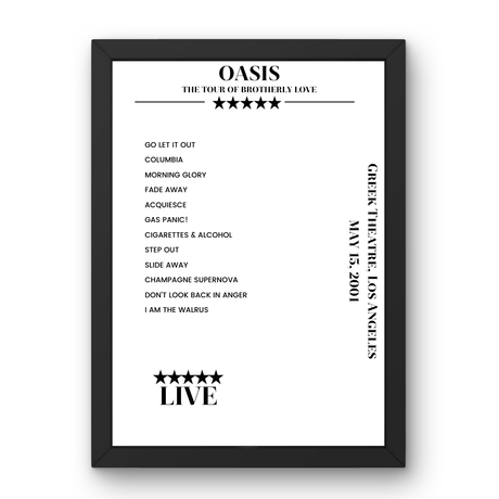 Oasis May 15, 2001 Greek Theatre Los Angeles Setlist Poster - Setlist