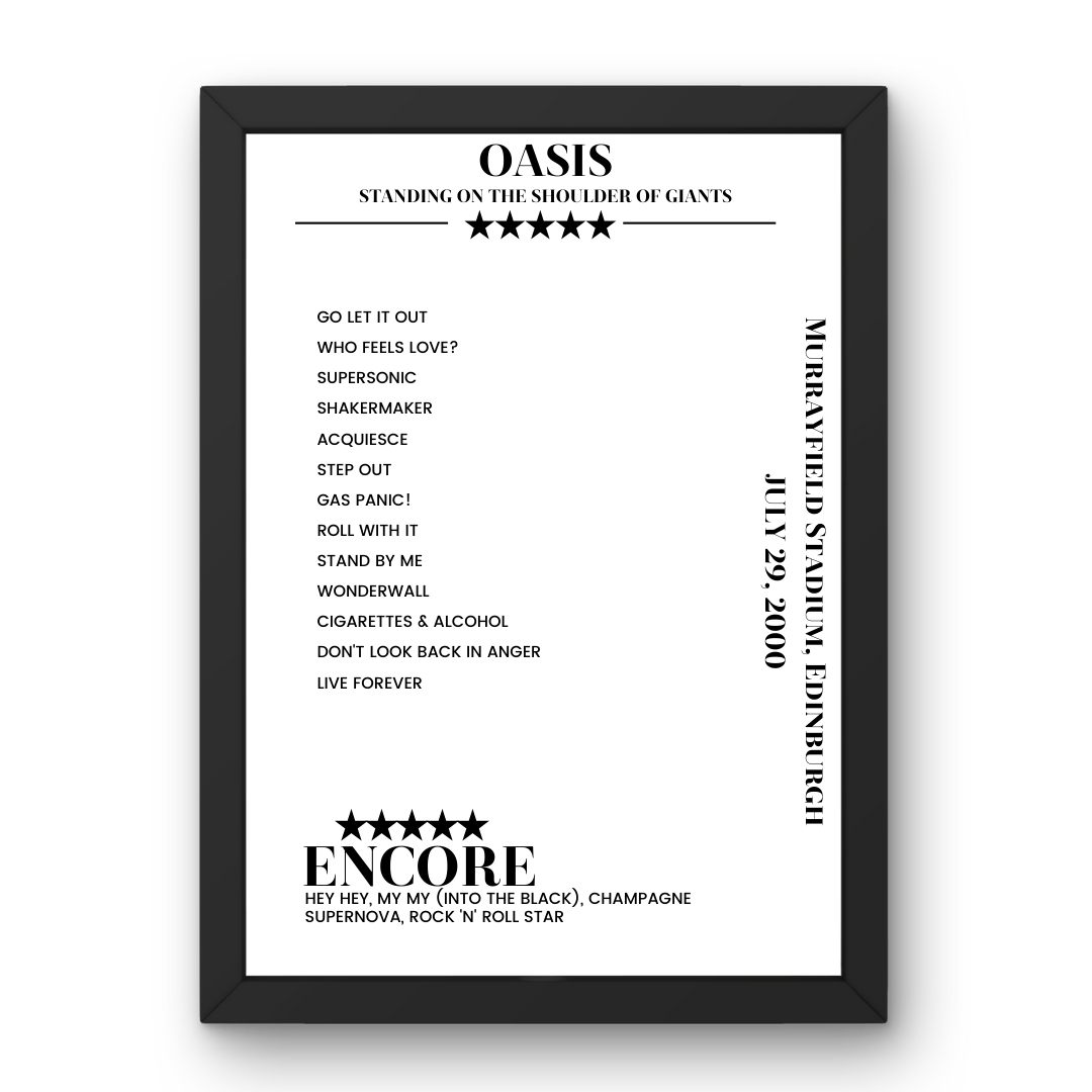 Oasis Murrayfield Stadium Edinburgh 29 July 2000 Setlist Poster - Setlist