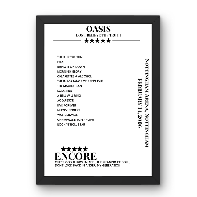 Oasis Nottingham Arena Nottingham 14 February 2006 Setlist Poster - Setlist