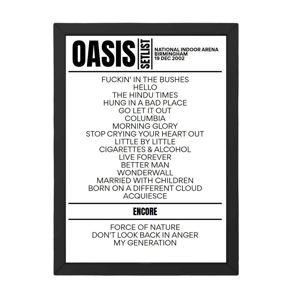 Oasis Setlist 19-12-2002-Birmingham - Setlist