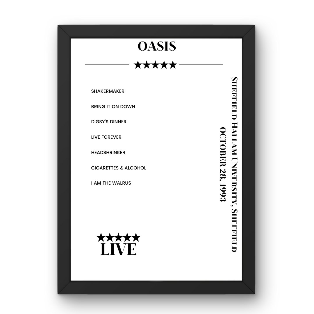 Oasis Sheffield Hallam University Sheffield 28 October 1993 Setlist Poster - Setlist