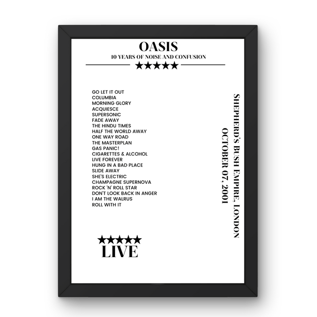 Oasis Shepherd's Bush Empire London 7 October 2001 Setlist Poster - Setlist