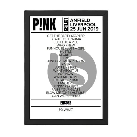 P!nk Liverpool June 2019 Replica Setlist - Setlist