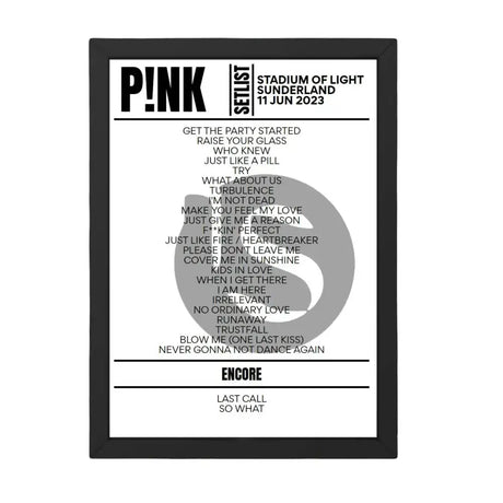 P!nk Sunderland June 2023 Replica Setlist - Setlist