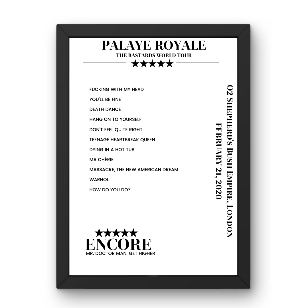 Palaye Royale February 21, 2020 O2 Shepherd's Bush Empire London Setlist Poster - Setlist