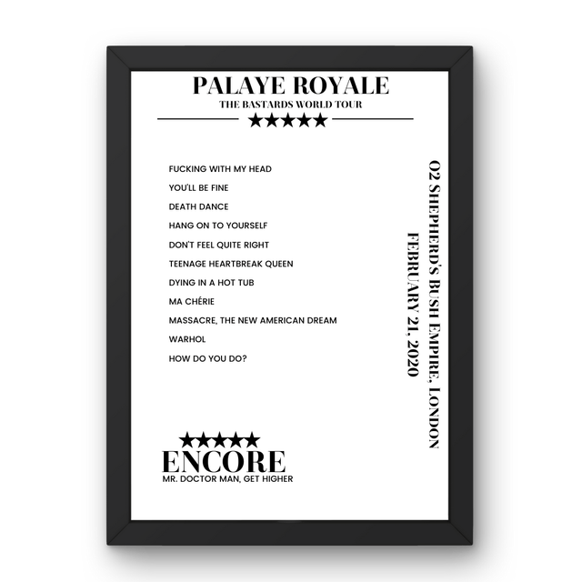 Palaye Royale February 21, 2020 O2 Shepherd's Bush Empire London Setlist Poster - Setlist