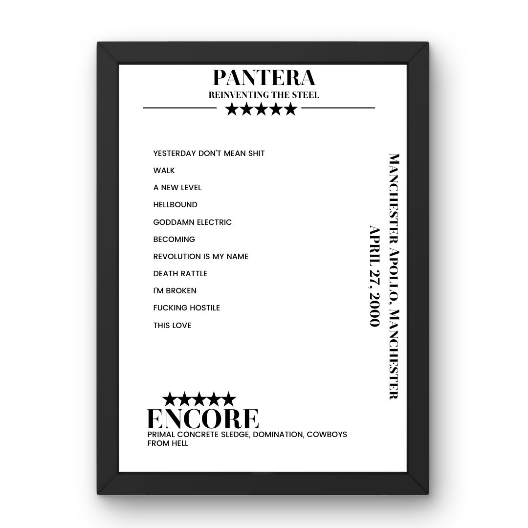 Pantera April 27, 2000 Manchester Apollo Manchester Setlist Poster - Setlist