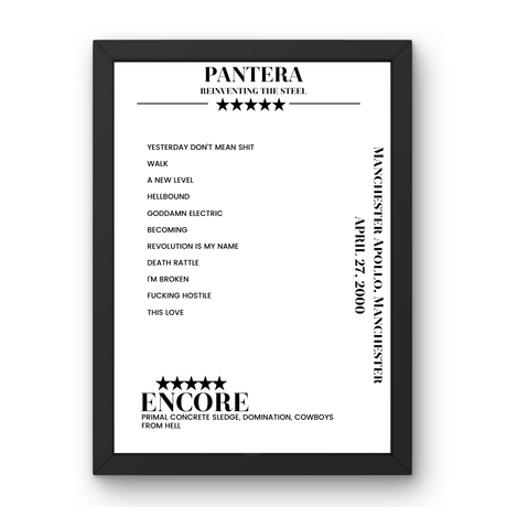 Pantera April 27, 2000 Manchester Apollo Manchester Setlist Poster - Setlist