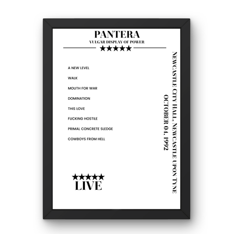 Pantera October 04, 1992 Newcastle City Hall Newcastle upon Tyne Setlist Poster - Setlist