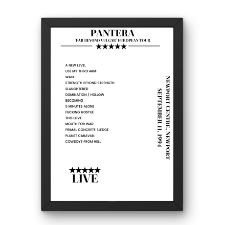 Pantera September 11, 1994 Newport Centre Newport Setlist Poster - Setlist