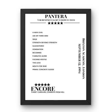 Pantera September 12, 1994 Brixton Academy London Setlist Poster - Setlist