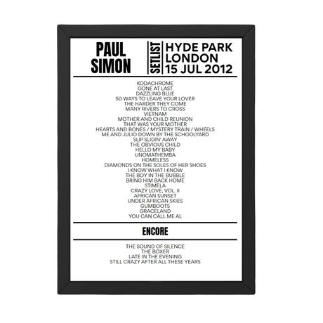 Paul Simon Hard Rock Calling 2012 Setlist Poster - Setlist