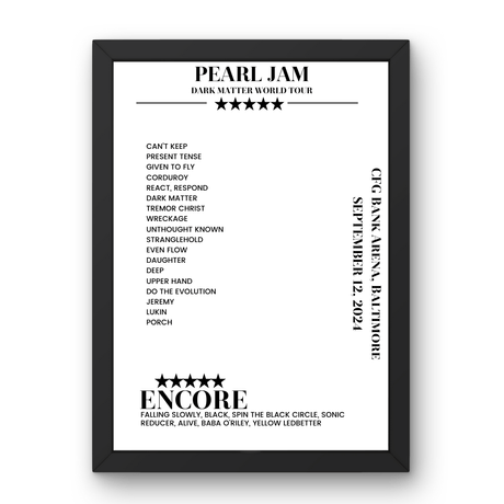 Pearl Jam September 12, 2024 CFG Bank Arena Baltimore Setlist Poster - Setlist