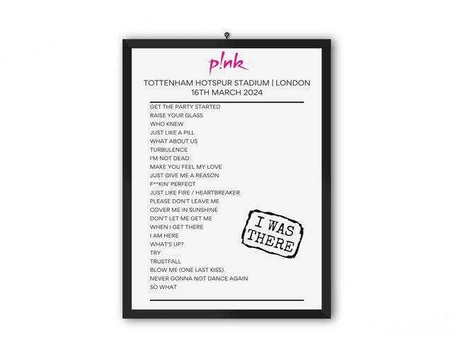 P!nk 2023 & 2024 UK Tour Setlist Poster - Setlist