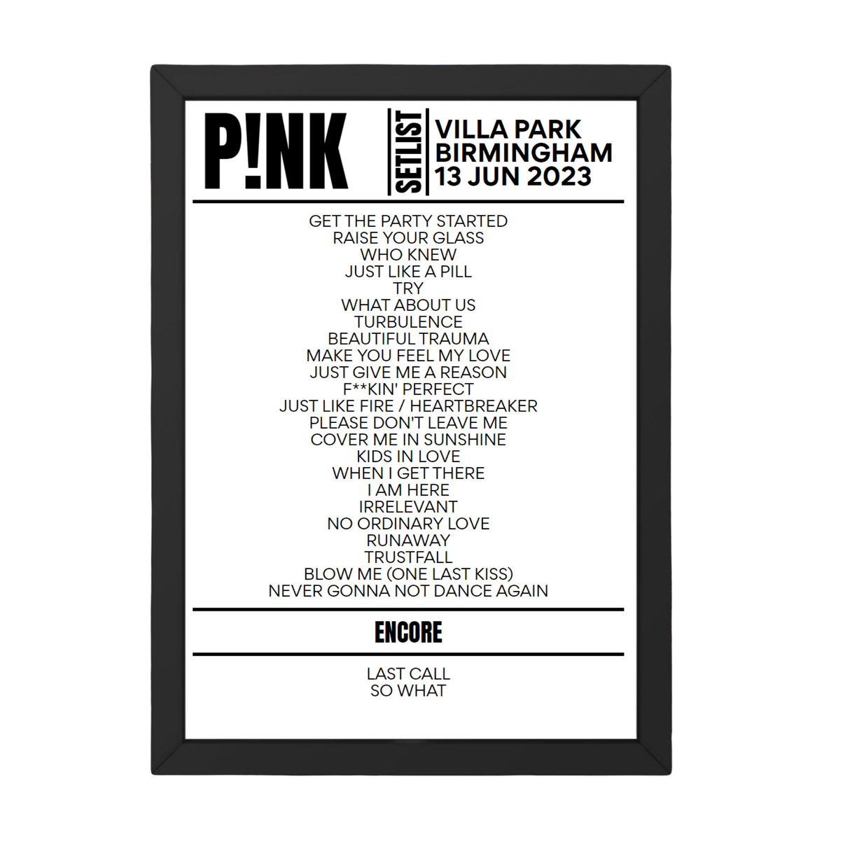 P!nk Birmingham June 2023 Replica Setlist - Setlist