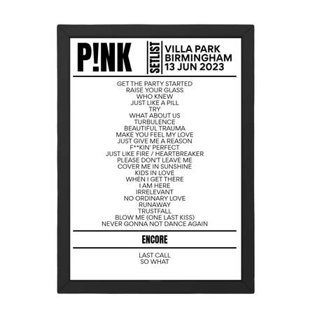 P!nk Birmingham June 2023 Replica Setlist - Setlist