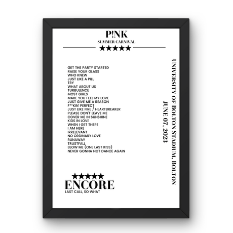 P!nk June 07, 2023 University of Bolton Stadium Bolton Setlist Poster - Setlist