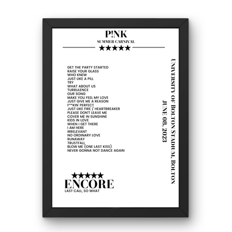 P!nk June 08, 2023 University of Bolton Stadium Bolton Setlist Poster - Setlist