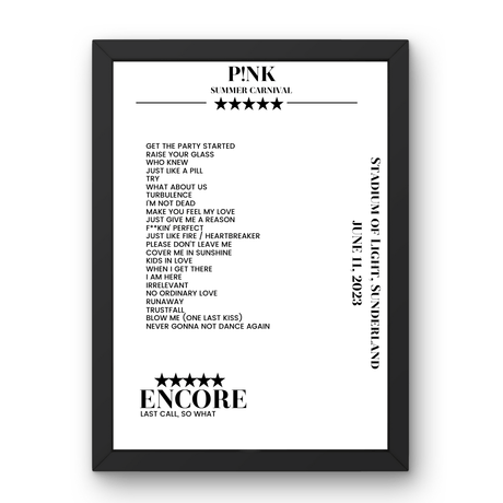 P!nk June 11, 2023 Stadium of Light Sunderland Setlist Poster - Setlist