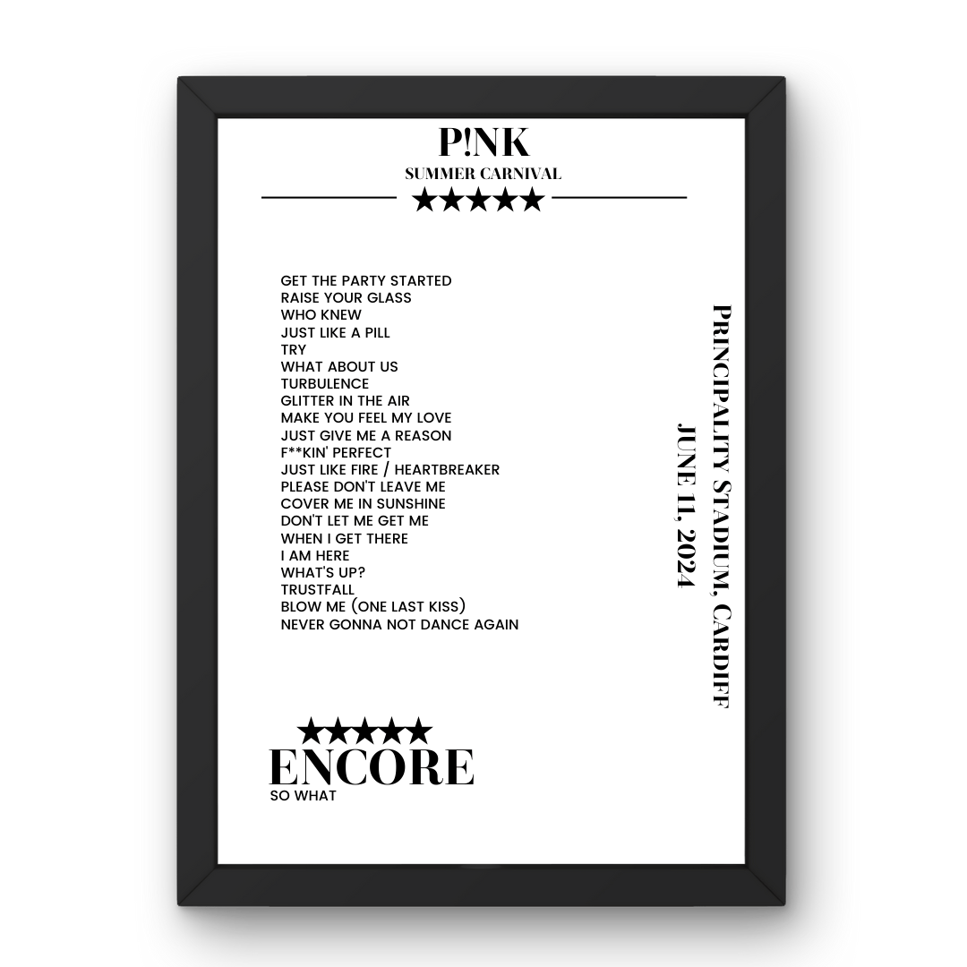 P!nk June 11, 2024 Principality Stadium Cardiff Setlist Poster - Setlist