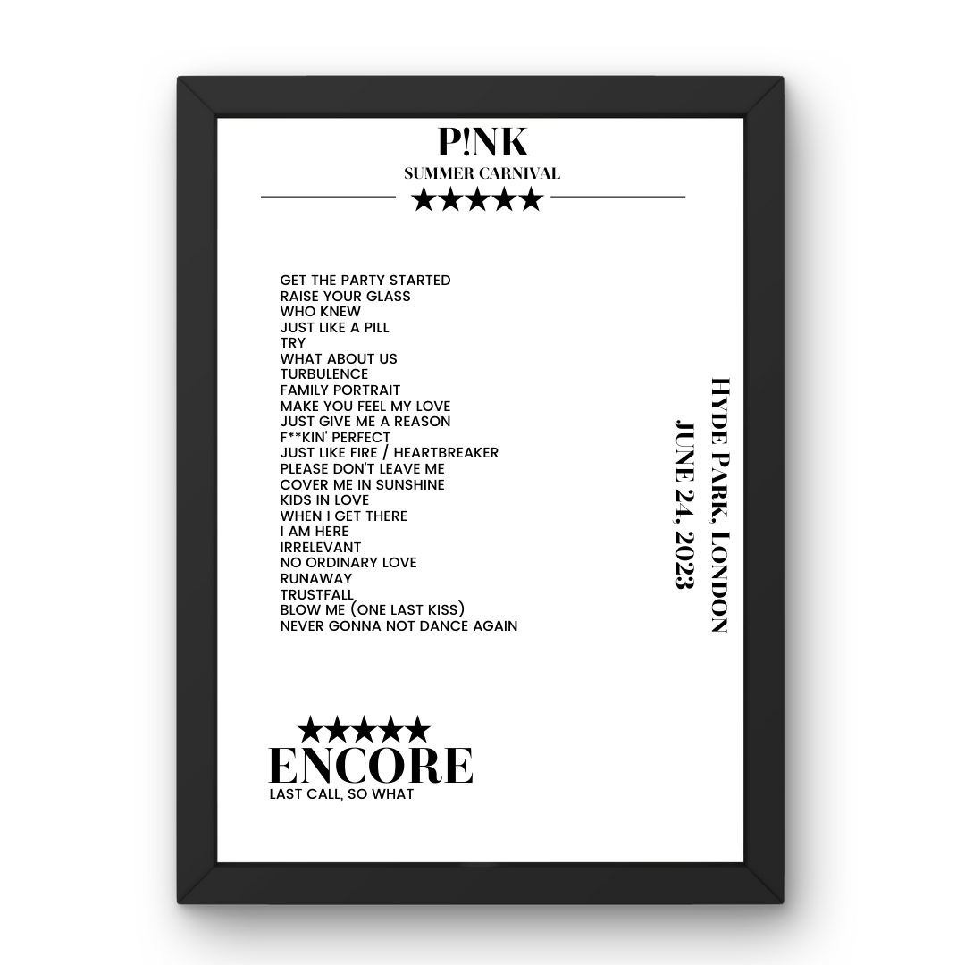 P!nk June 24, 2023 Hyde Park London Setlist Poster - Setlist