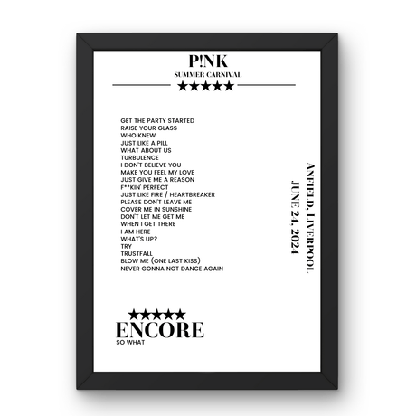 P!nk June 24, 2024 Anfield Liverpool Setlist Poster - Setlist