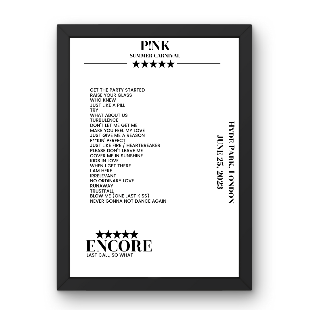 P!nk June 25, 2023 Hyde Park London Setlist Poster - Setlist