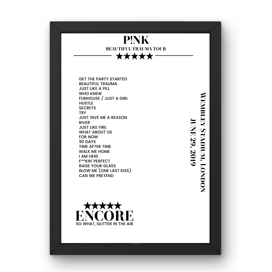 P!nk June 29, 2019 Wembley Stadium London Setlist Poster - Setlist